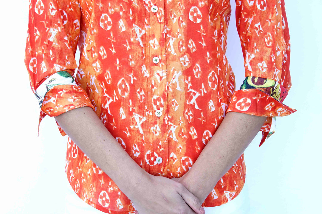 3/4 Sleeve Orange And White "Not Really Louis" Print