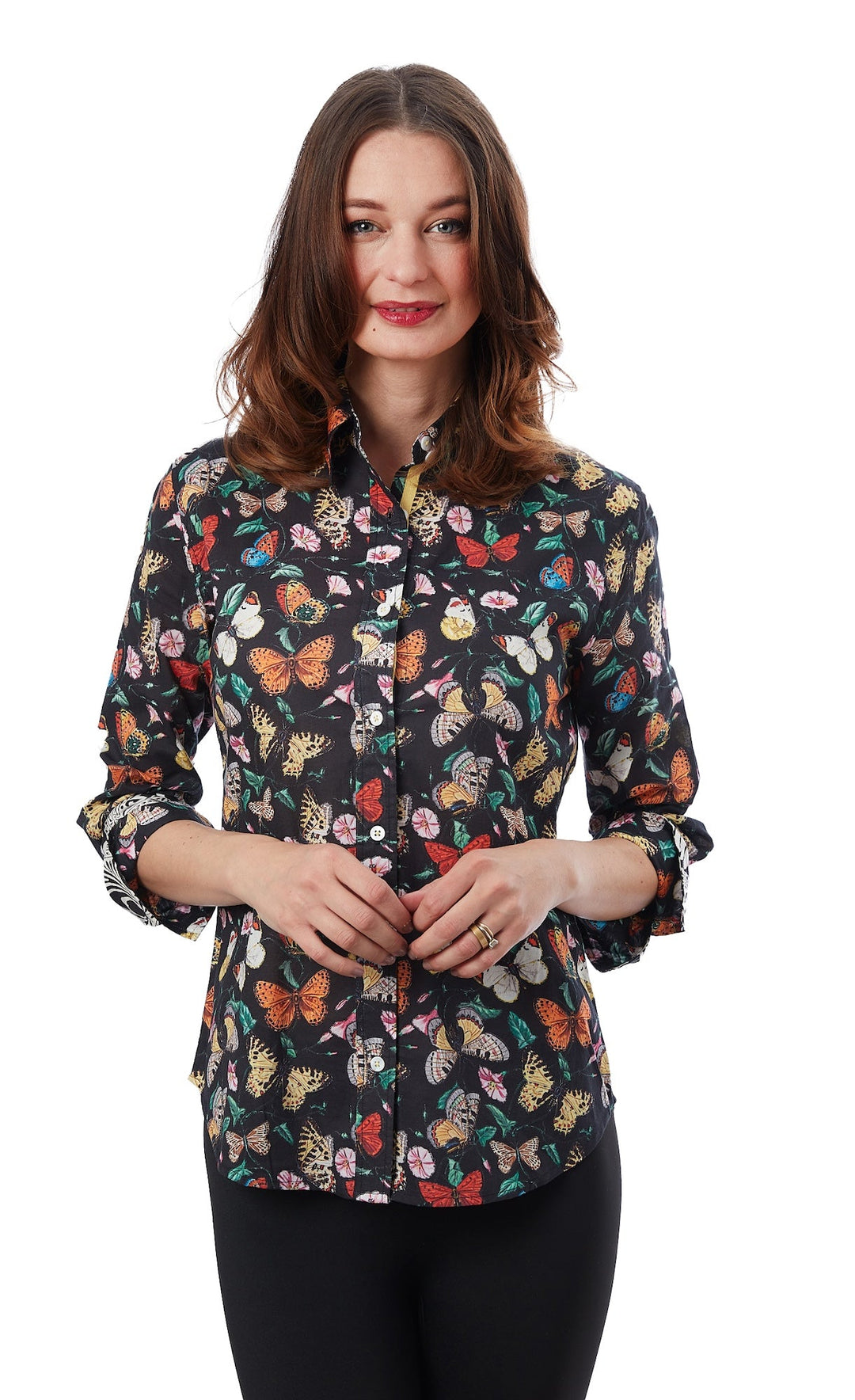 3/4 Sleeve Rome Shirt Black Butterflies