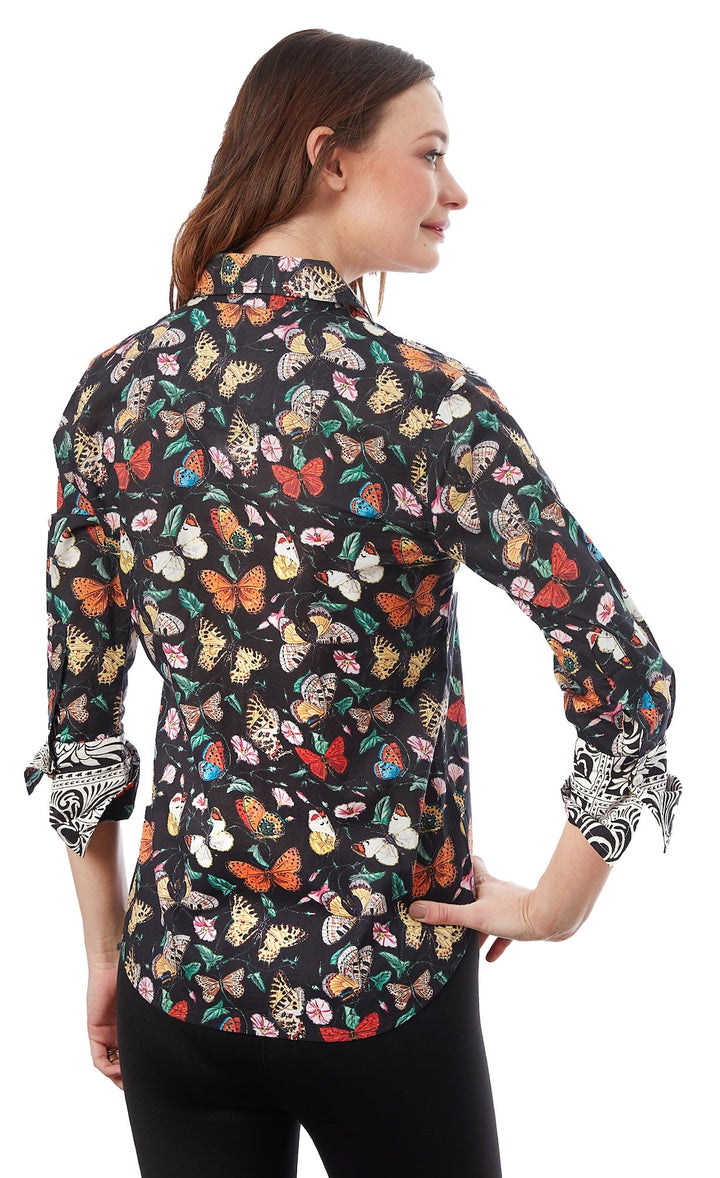 3/4 Sleeve Rome Shirt Black Butterflies