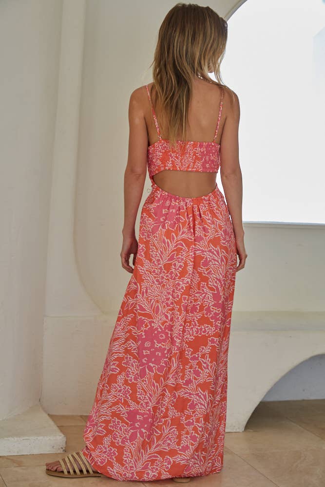 L7965 | Woven Rayon Nylon Floral Print Flare Maxi Dress : Orange Pink / M