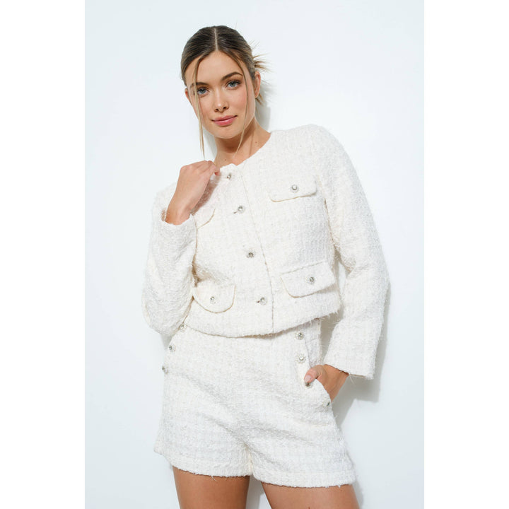 Textured Tweed Jeweled Button Crop Jacket: PINK / L