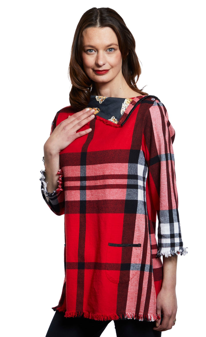 Aspen Cowl Neck Tunic With Fringe And Button Neck In Red Yarndyed Flannel Plaid