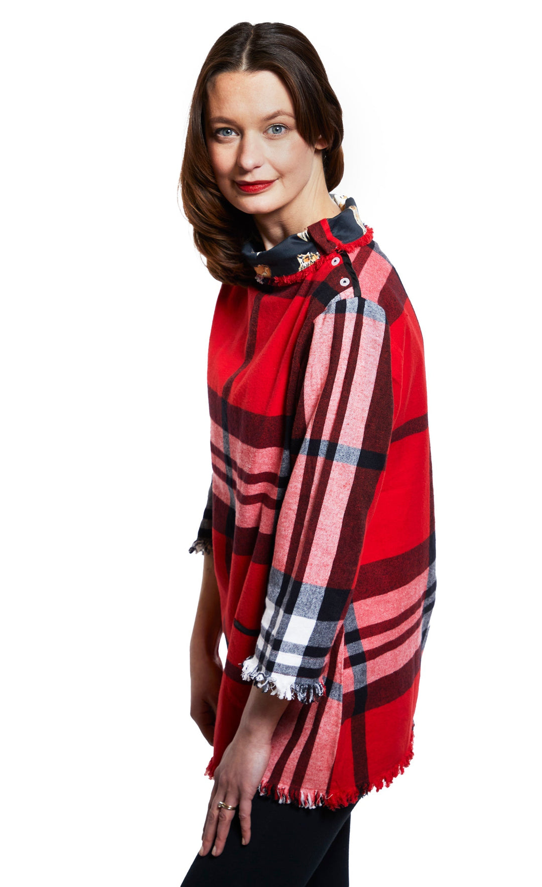 Aspen Cowl Neck Tunic With Fringe And Button Neck In Red Yarndyed Flannel Plaid