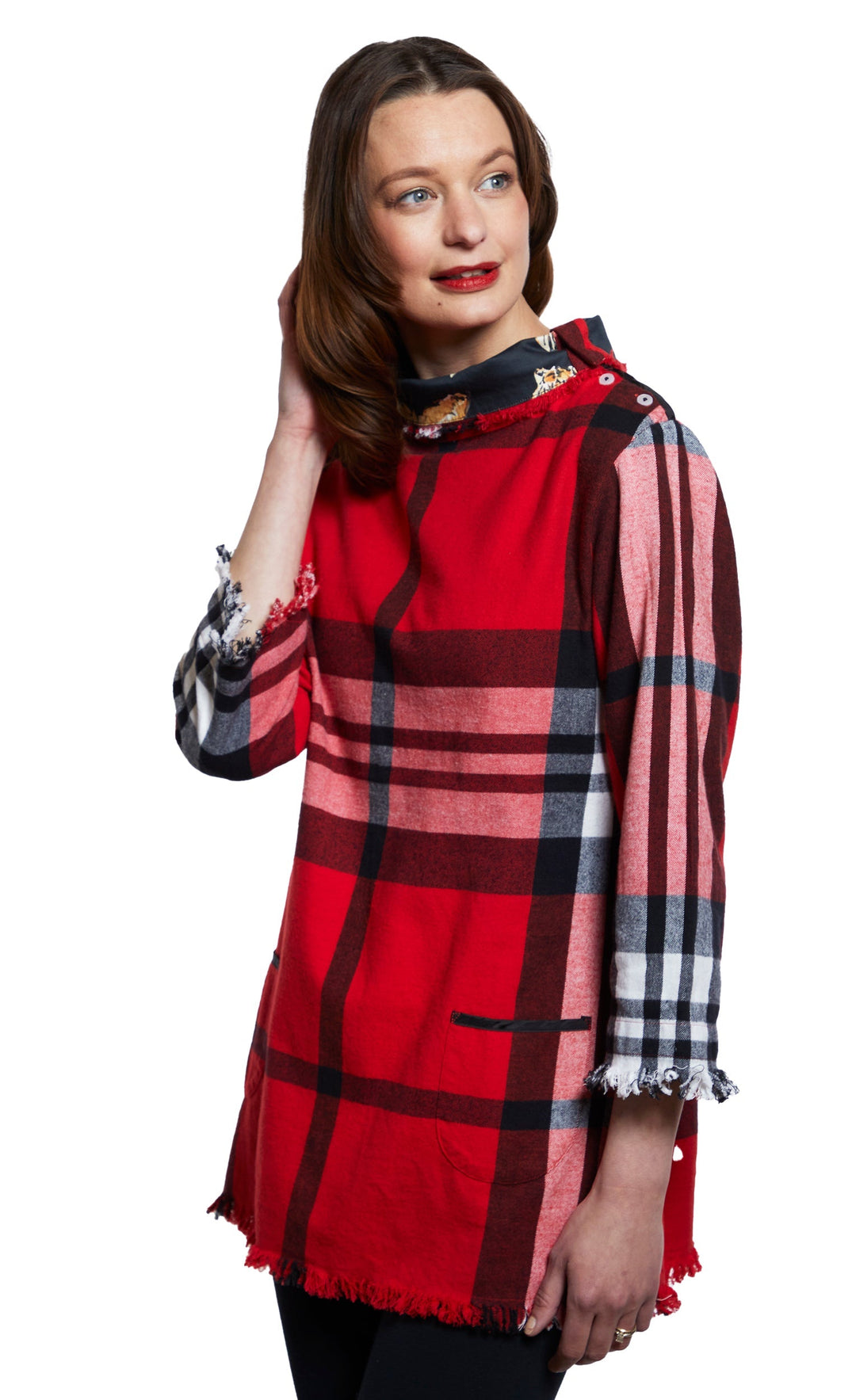 Aspen Cowl Neck Tunic With Fringe And Button Neck In Red Yarndyed Flannel Plaid