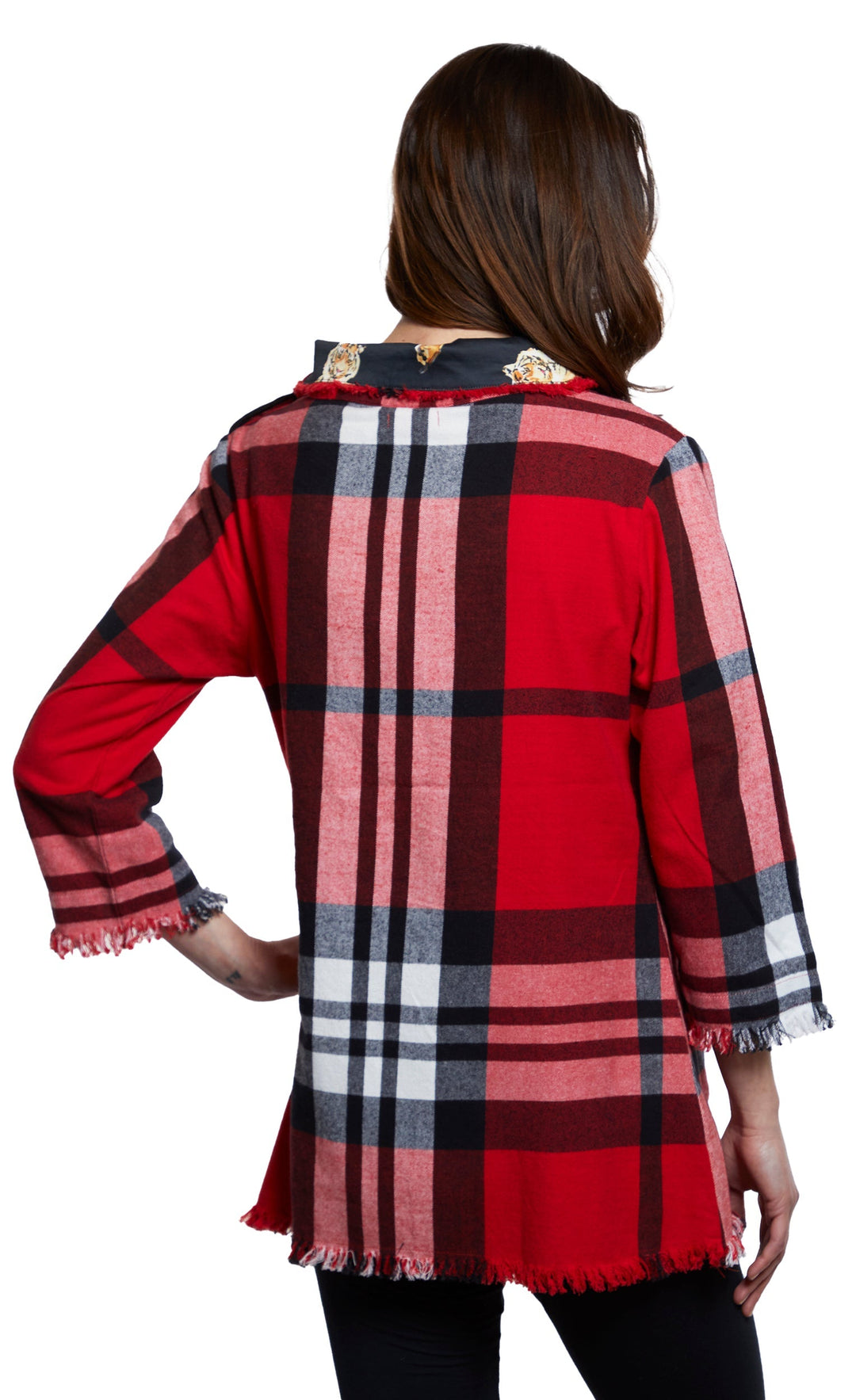 Aspen Cowl Neck Tunic With Fringe And Button Neck In Red Yarndyed Flannel Plaid