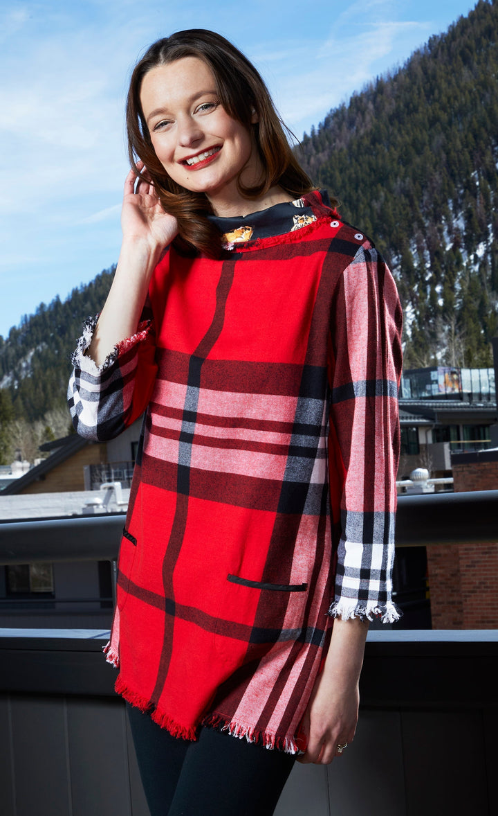 Aspen Cowl Neck Tunic With Fringe And Button Neck In Red Yarndyed Flannel Plaid