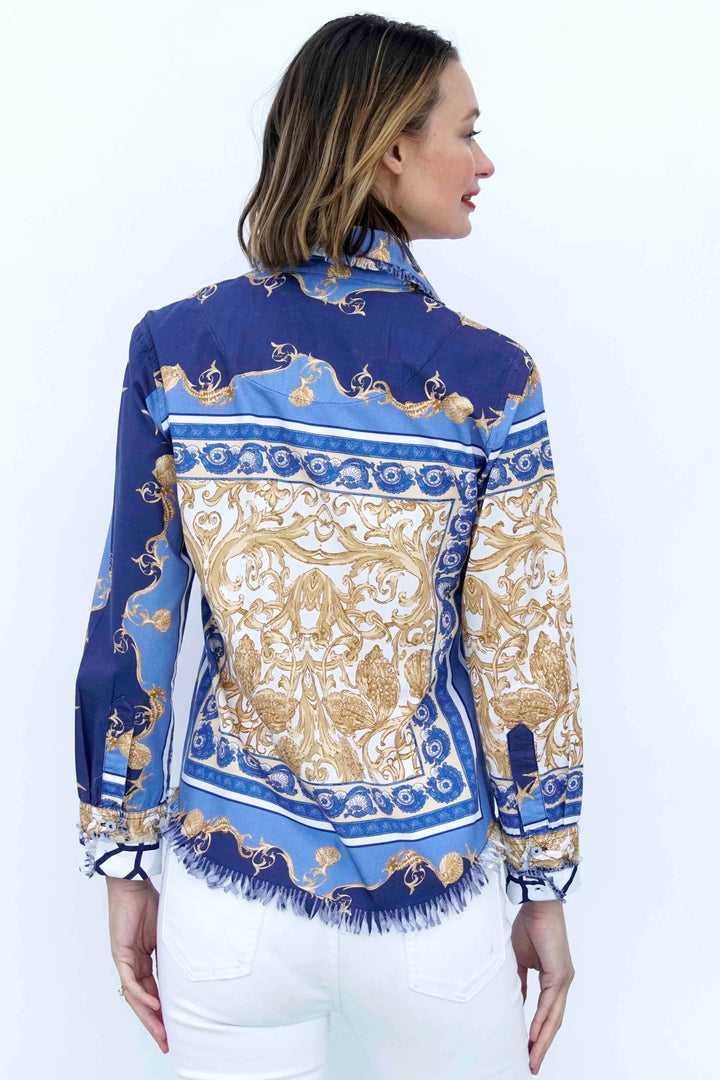 Cape Cod Tunic Blue White Gold Shells and Blues Ocean  Print