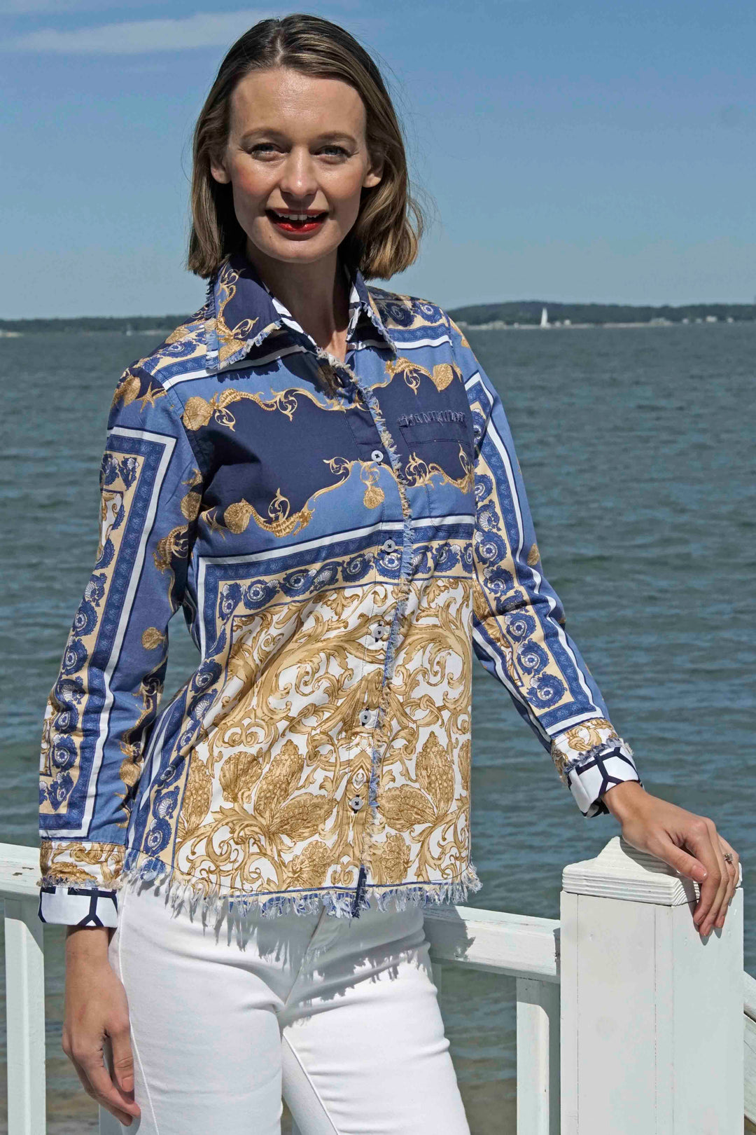 Cape Cod Tunic Blue White Gold Shells and Blues Ocean  Print