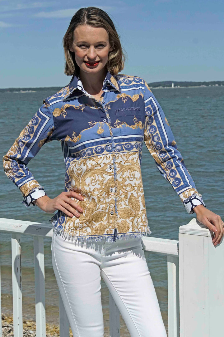 Cape Cod Tunic Blue White Gold Shells and Blues Ocean  Print