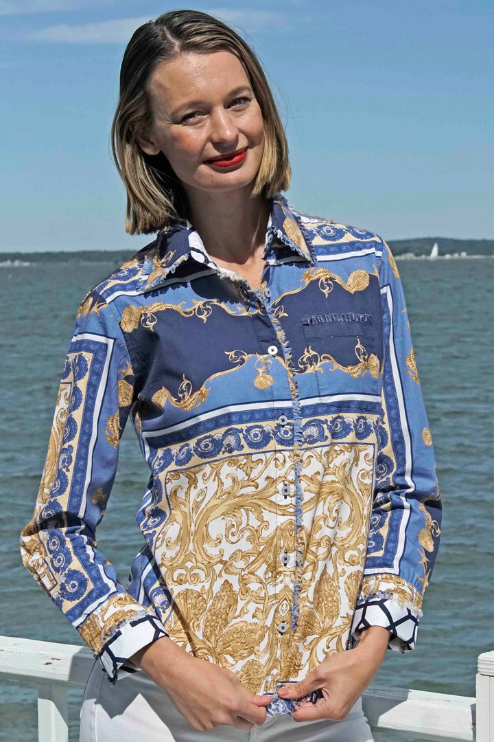 Cape Cod Tunic Blue White Gold Shells and Blues Ocean  Print