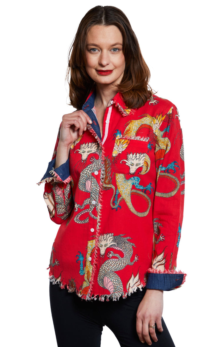 Cape Cod Tunic Red Ground Dragon Print