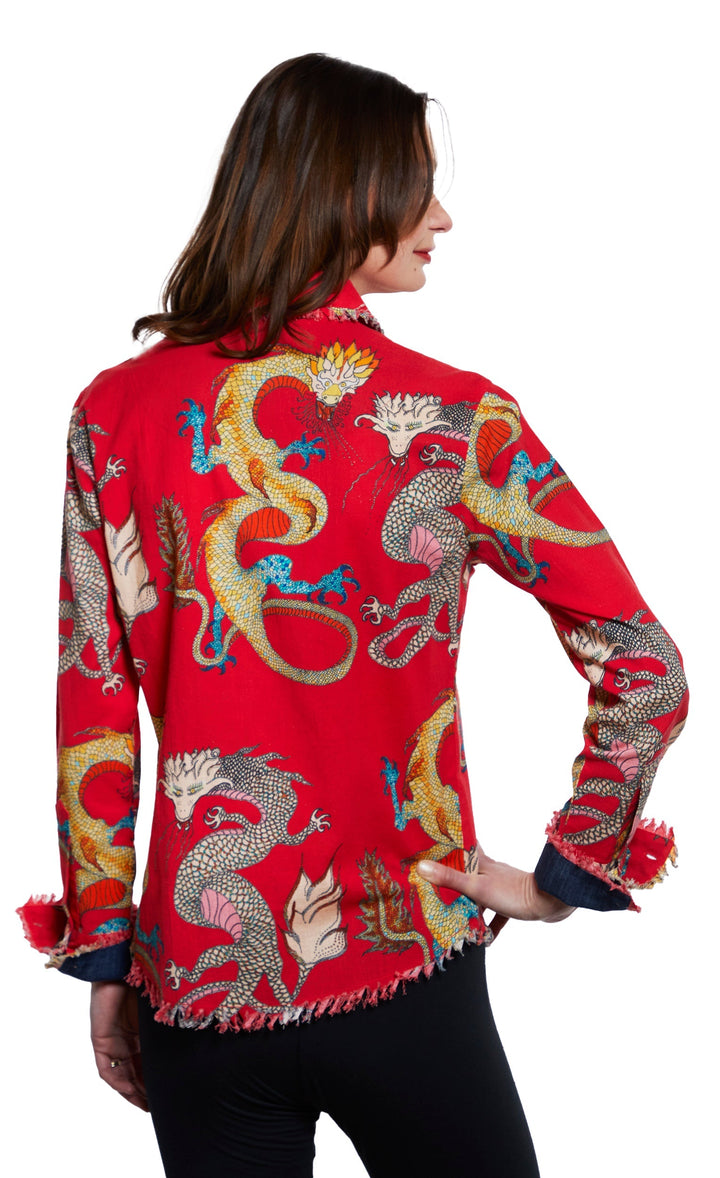 Cape Cod Tunic Red Ground Dragon Print