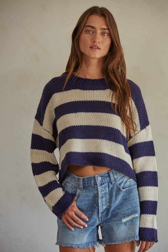 W1690 | Knit Acrylic Sweater Striped Crew Neck Pullover: Navy Cream / S