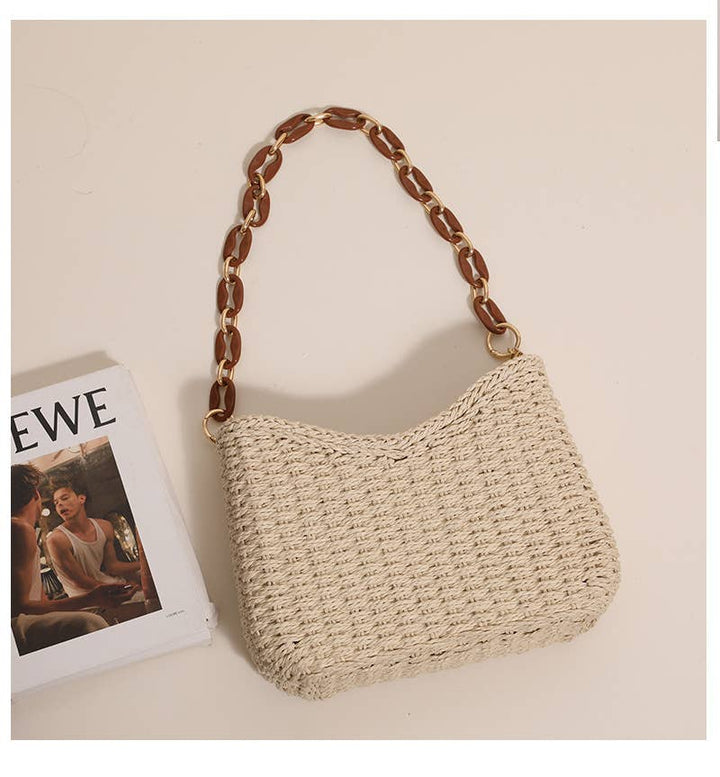 Solid Color Straw Bag Shoulder Beach Bag for Vacation: Khaki