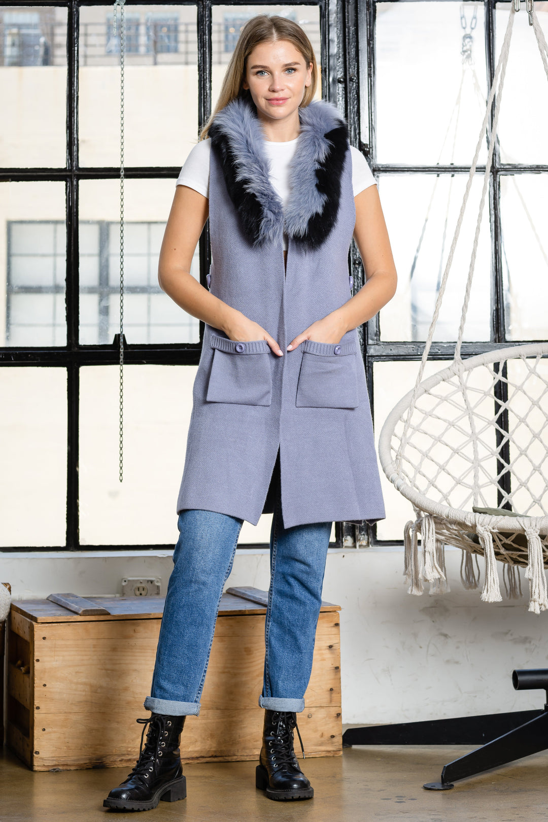 Selma Knitted Sweater Vest with Detachable Faux Fur