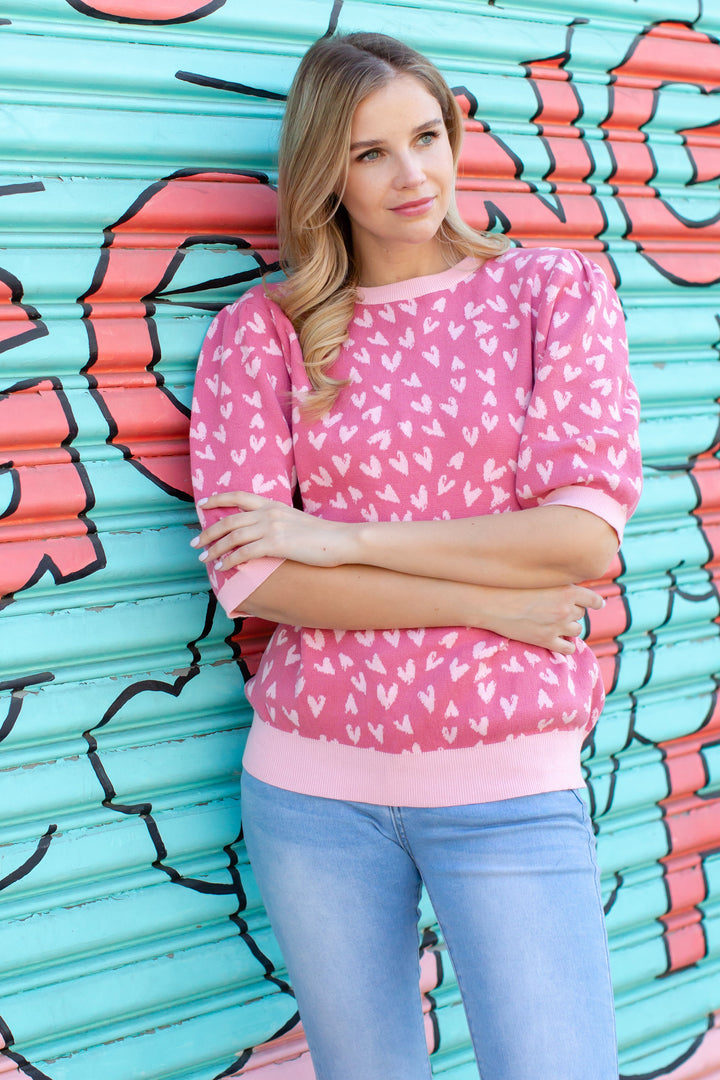 Syeda Stretch Knitted Sweater with Scattered Hearts