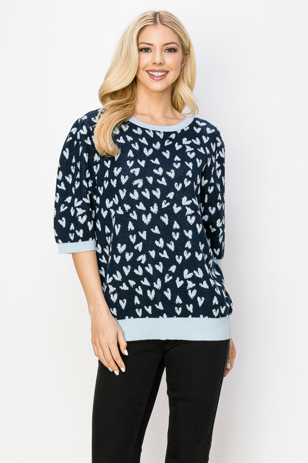 Syeda Stretch Knitted Sweater with Scattered Hearts