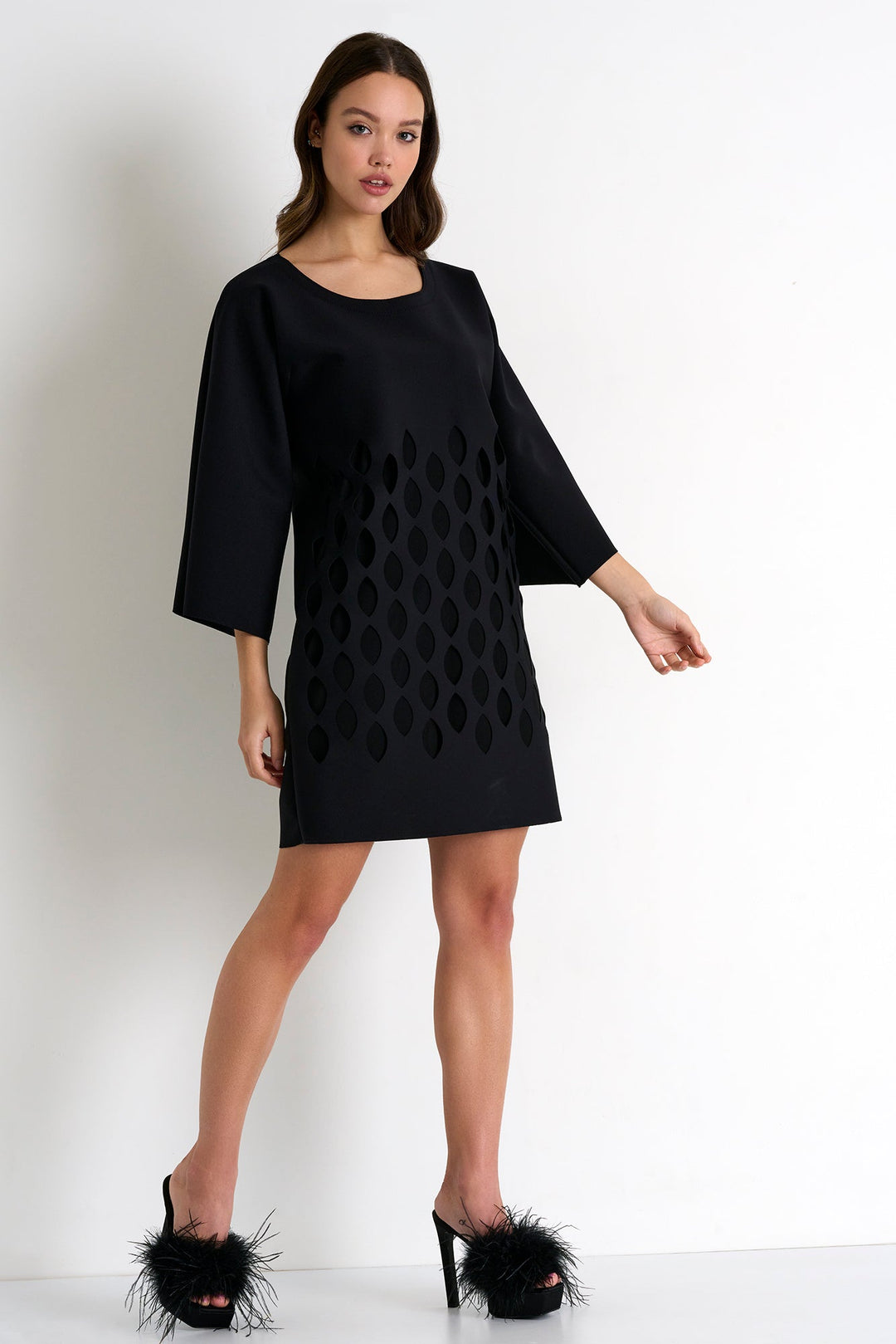 Flared Sleeve Dress With Cut-Out Details - 52357-65-800 02 / 800 Caviar / 75% POLYAMIDE, 25% ELASTANE