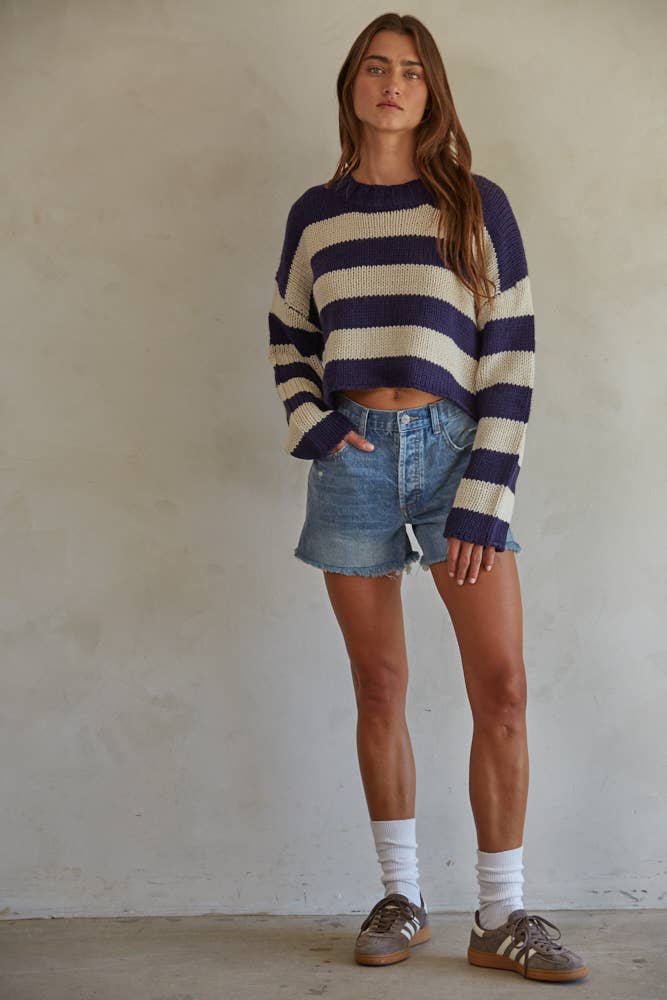 W1690 | Knit Acrylic Sweater Striped Crew Neck Pullover: Navy Cream / S