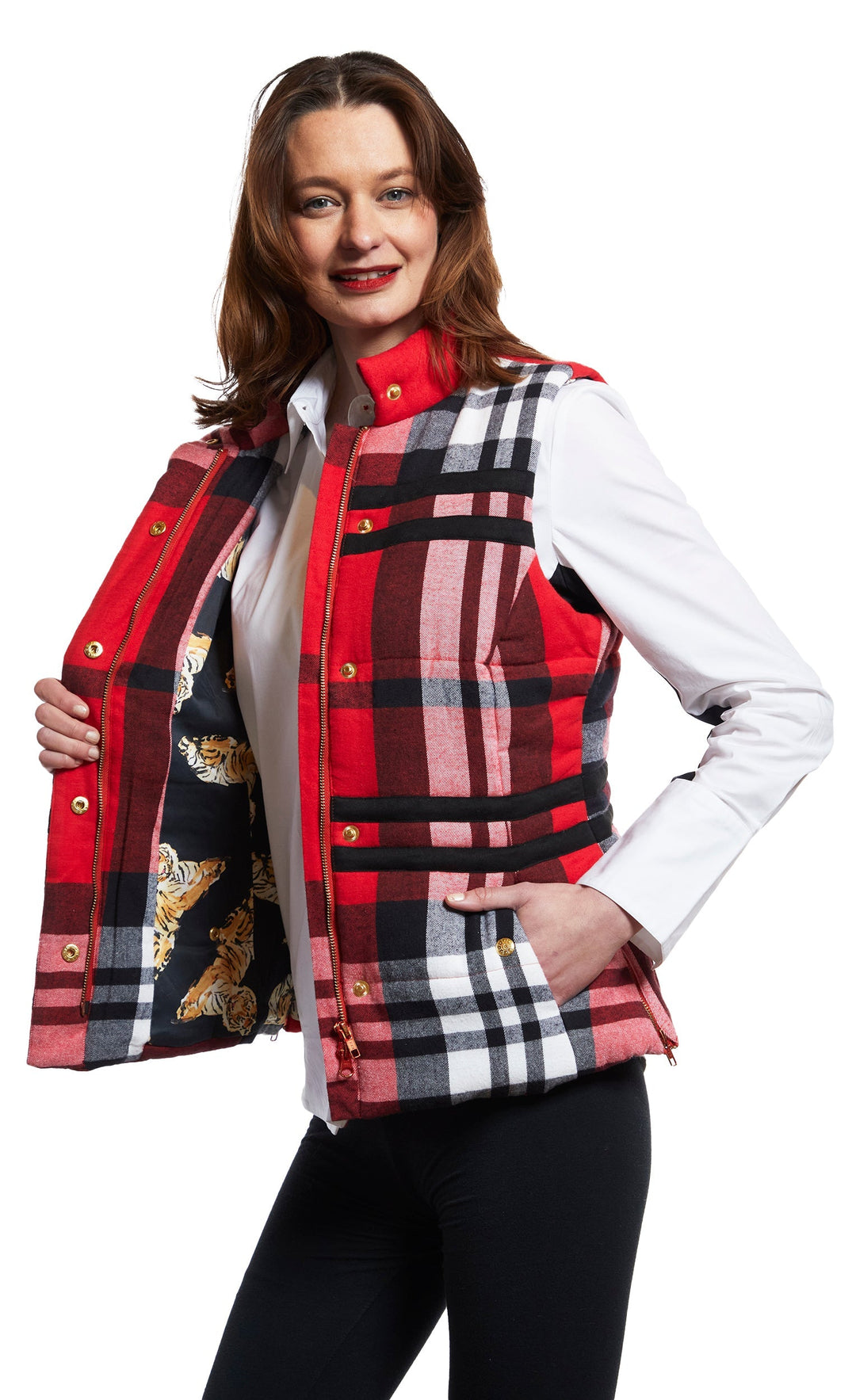 Rosey Vest With Contrast Lining In Red Yarndyed Flannel Plaid