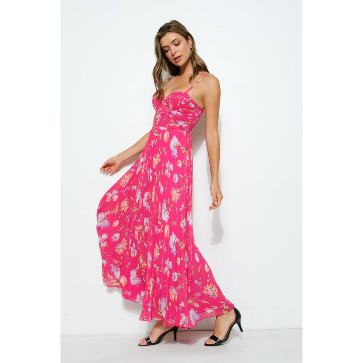 Sleeveless Floral Print  Bustie Pleated Maxi Dress: HOTPINK MULTI / L