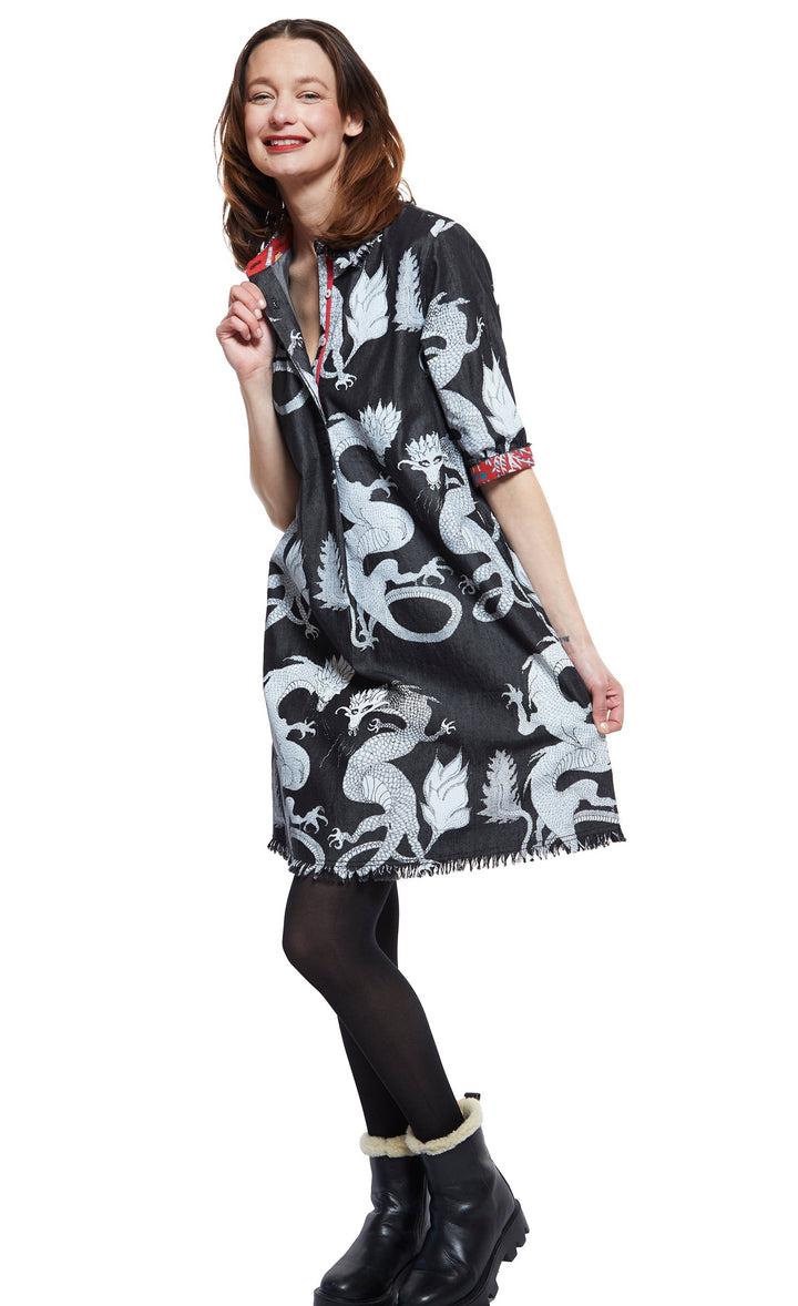 Chatham Dress Black Denim With White Dragons Print