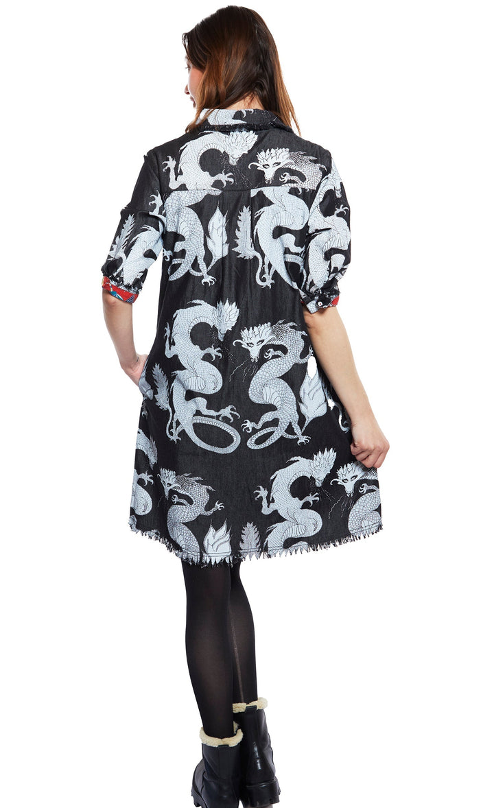 Chatham Dress Black Denim With White Dragons Print