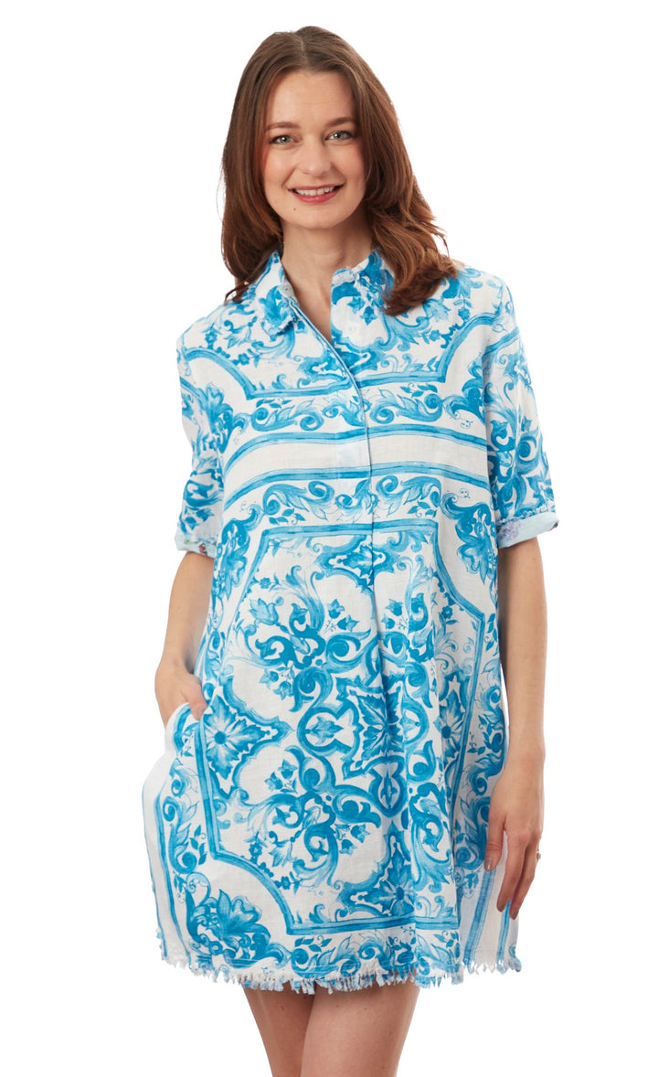 Chatham Dress Turquoise White Tile Print