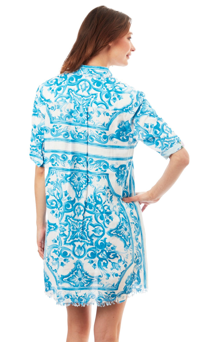 Chatham Dress Turquoise White Tile Print