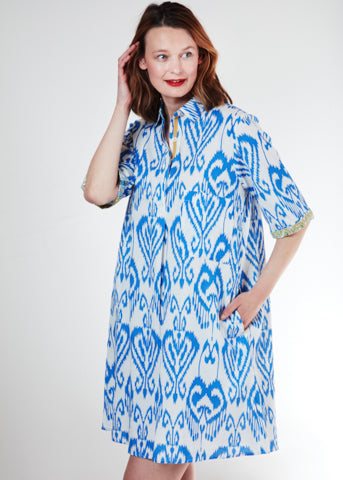 Monterey dress, blue and white ikat print