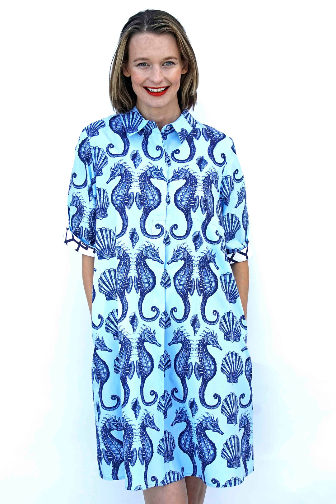 Monterey Dress Ocean Blue  Ground With Seahorses