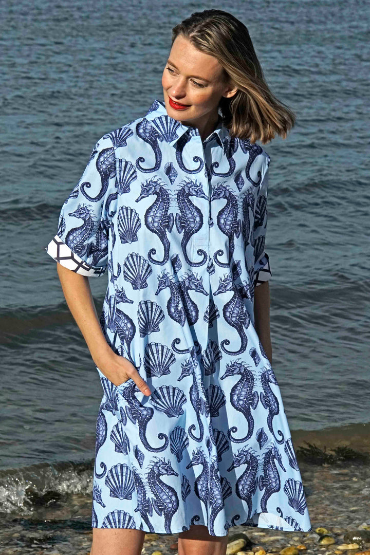 Monterey Dress Ocean Blue  Ground With Seahorses