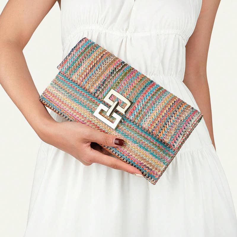 Women's clutch bag casual woven bag straw woven bag: Natural