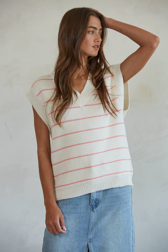 W1500 | Knit Sweater Striped V-Neck Sleeveless Vest Top: Ivory Pink / M