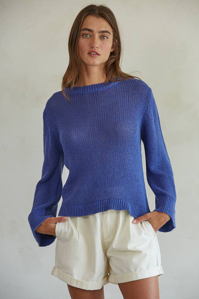 W1464 | Knit Cotton Crew Neck Long Sleeve Sweater Top: Mocha / L