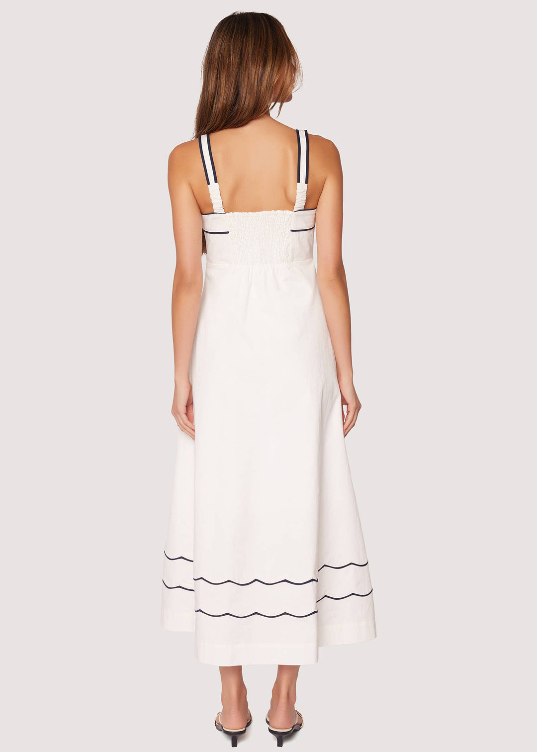 Hamptons Haze Maxi Dress - Spring Solid Shift Square Neck: OFF-WHITE-NAVY / XS