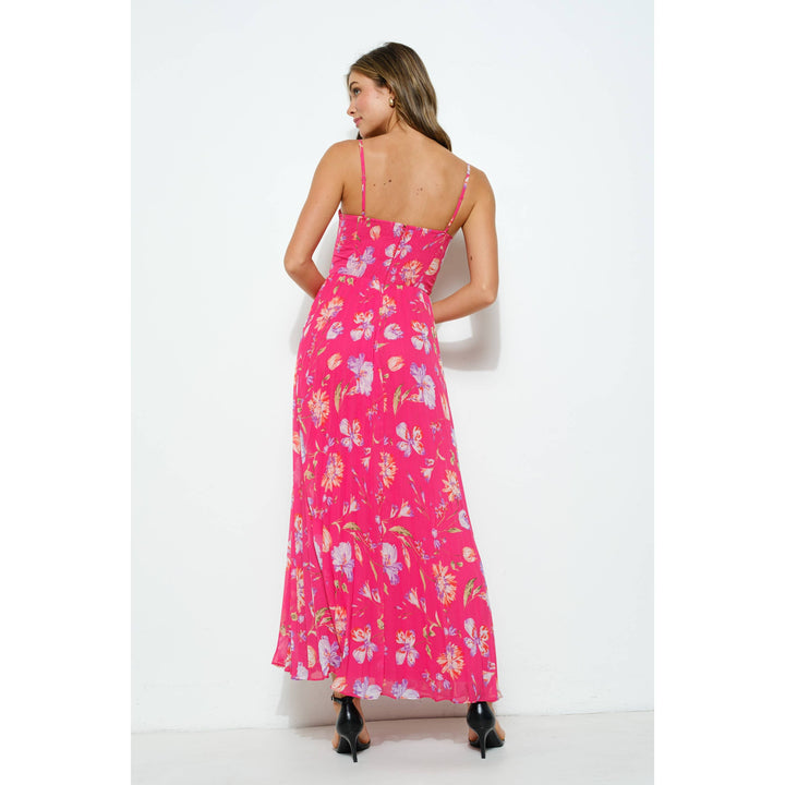 Sleeveless Floral Print  Bustie Pleated Maxi Dress: HOTPINK MULTI / L