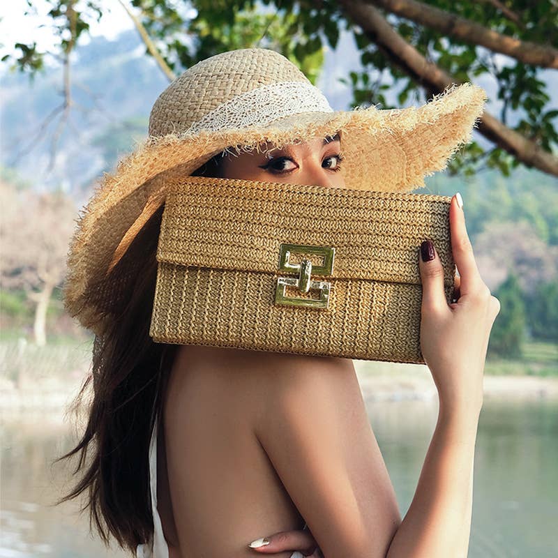 Women's clutch bag casual woven bag straw woven bag: Natural