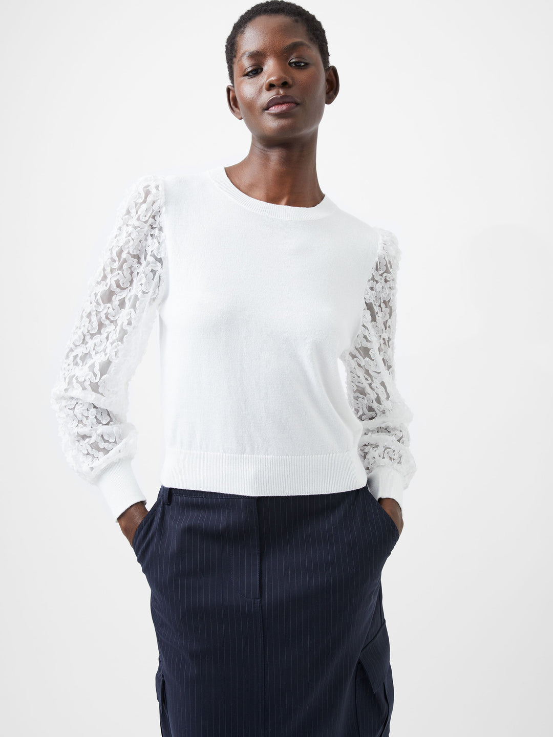 Luvy Embroidered Mesh Sleeve Sweater