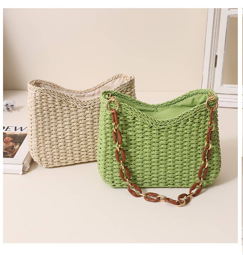 Solid Color Straw Bag Shoulder Beach Bag for Vacation: Khaki