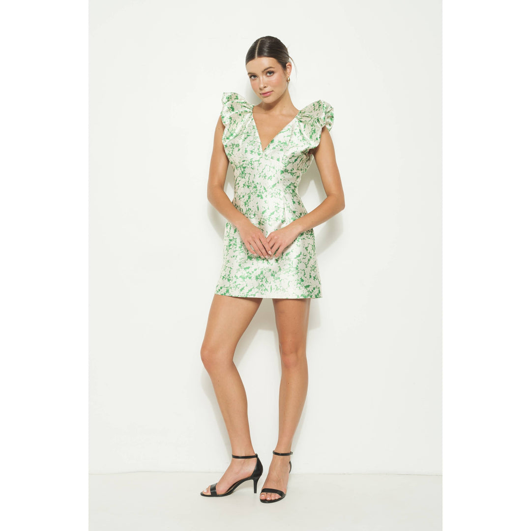 Satin Floral Print detail  Mini Dress: GREEN / M