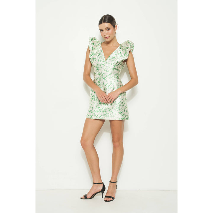 Satin Floral Print detail  Mini Dress: GREEN / M