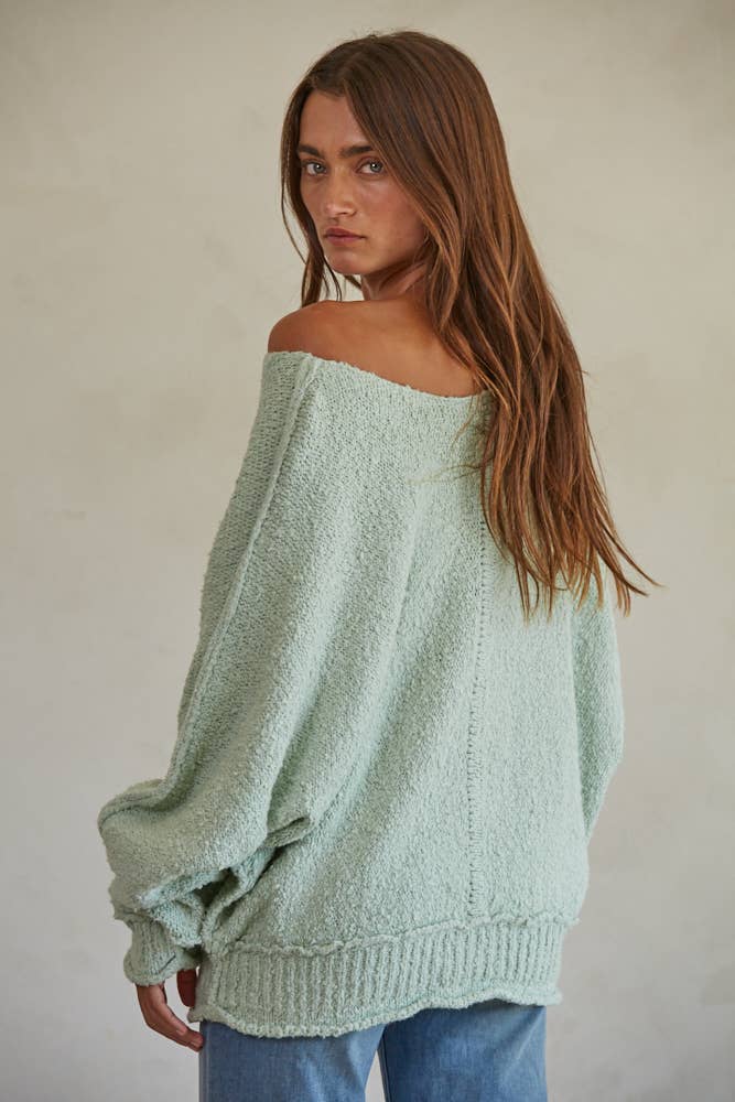 W1768 | Knit Sweater Cotton Nylon Boat Neck Pullover: Dusty Mint / S