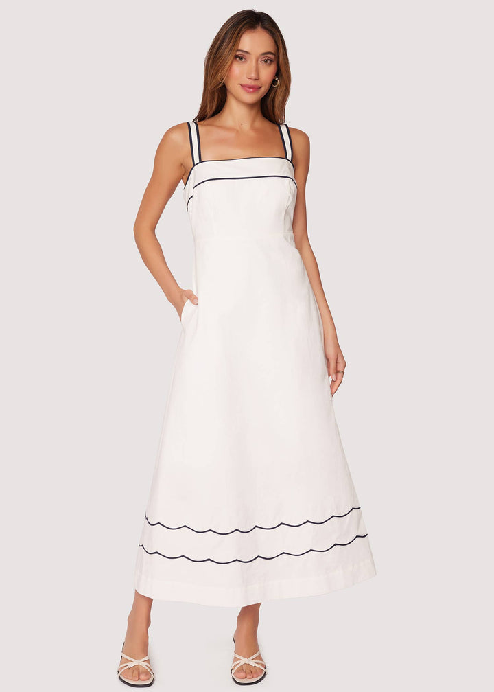 Hamptons Haze Maxi Dress - Spring Solid Shift Square Neck: OFF-WHITE-NAVY / L