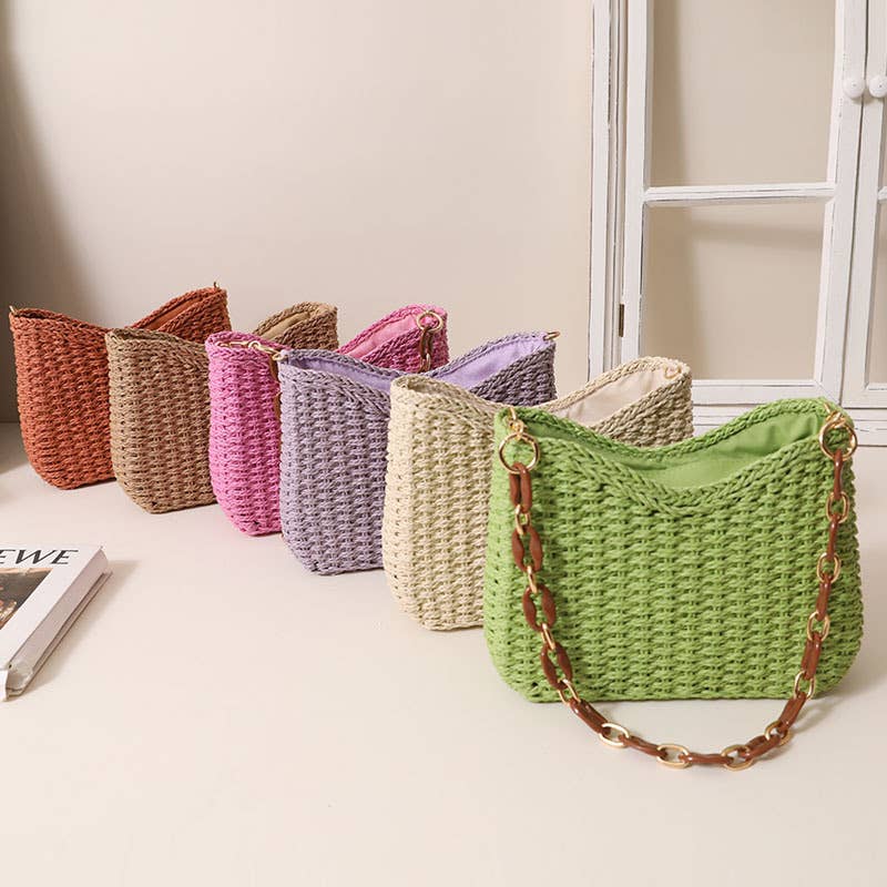 Solid Color Straw Bag Shoulder Beach Bag for Vacation: Khaki