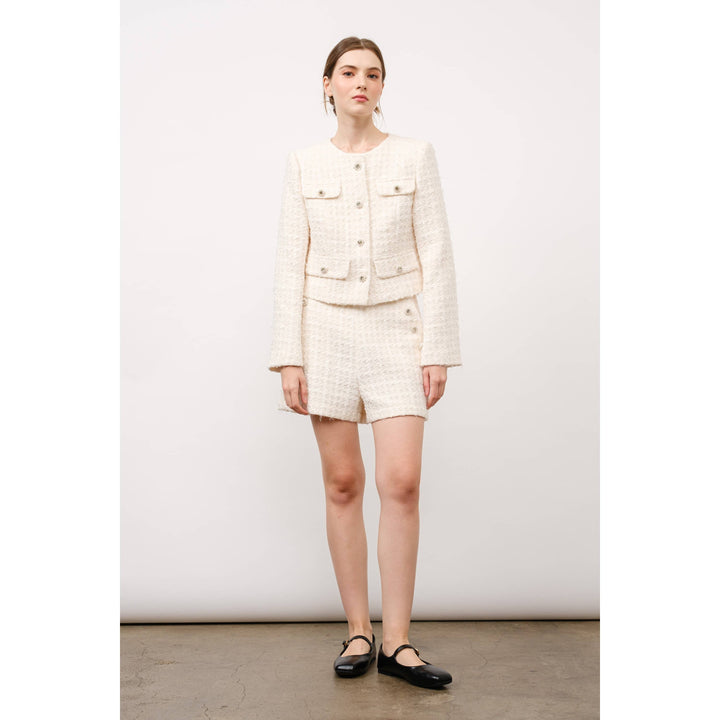 Textured Tweed Jeweled Button Crop Jacket: PINK / L