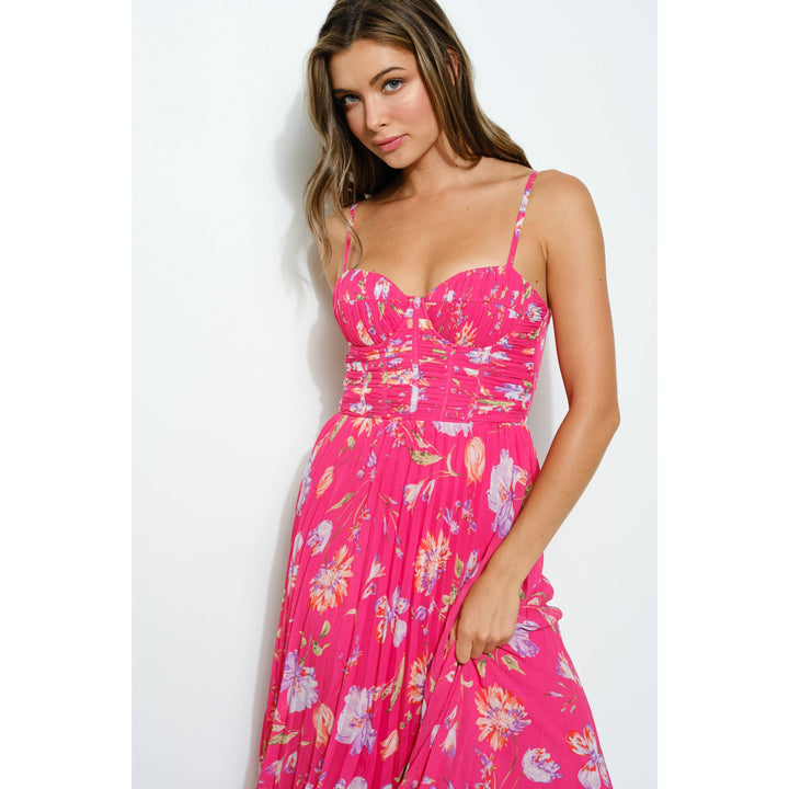 Sleeveless Floral Print  Bustie Pleated Maxi Dress: HOTPINK MULTI / L