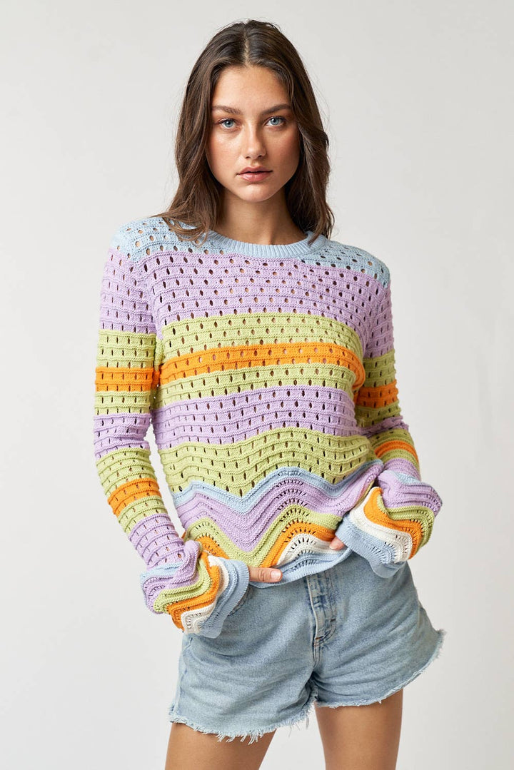 ILT3322 MULTI COLOR SWEATER TOP WITH SCALLOP HEM DETAIL: SKY-KIWI / M