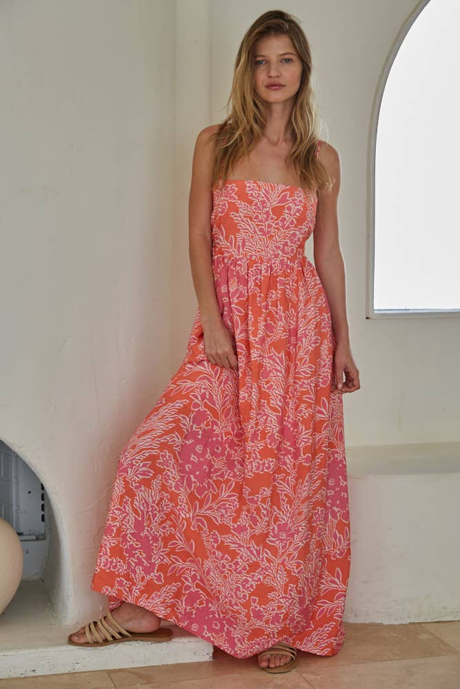 L7965 | Woven Rayon Nylon Floral Print Flare Maxi Dress : Orange Pink / M