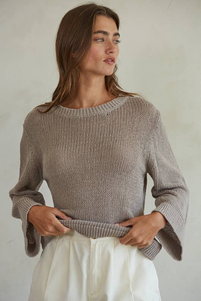 W1464 | Knit Cotton Crew Neck Long Sleeve Sweater Top: Mocha / L